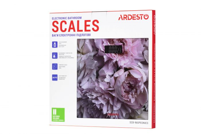 Ваги Ardesto підлогові Peonies, 150кг, AAAx2 в комплекті, скло, багатокольорові Ваги Ardesto підлогові Peonies, 150кг, AAAx2 в комплекті, скло, багатокольорові