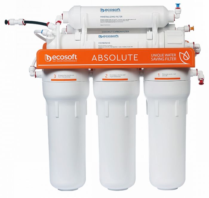 Фільтр зворотного осмосу Ecosoft Absolute з мінералізатором, мембрана 75gpd DuPont, дренаж 1:1, подвійний кран модерн