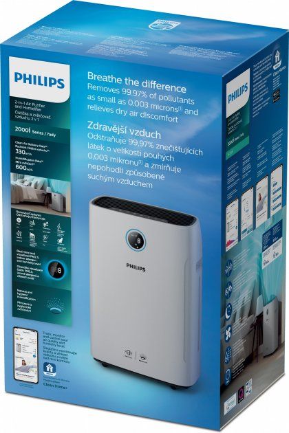 Очищувач повітря Philips з зв-ням 600 мл/год Series 2000i, 85м2, 330м3/год, дисплей, 3 фільтра, Wi-Fi, 3 режими, білий