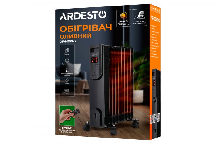 Обігрівач оливний ARDESTO, 20м2, 2000Вт, електр. упр-ння, 9 секцій, пульт ДК, чорний