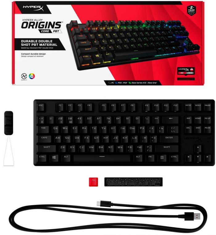 Клавіатура механічна HyperX Alloy Origins Core PBT 87key, Red, USB-A, EN/UA, RGB, чорний