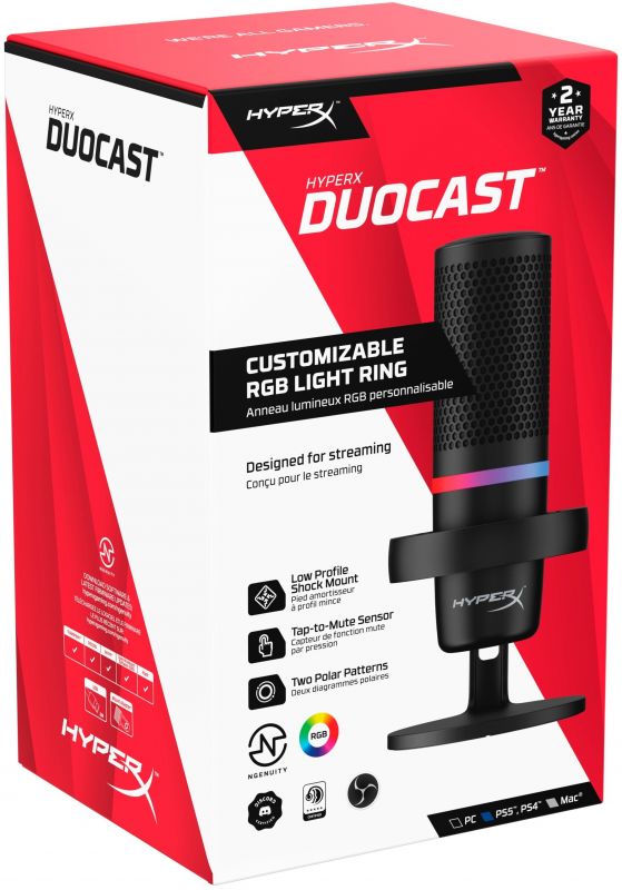 Мікрофон геймінговий HyperX DuoCast, Omni/Bi, USB-A, 2м, NGenuity, RGB, чорний