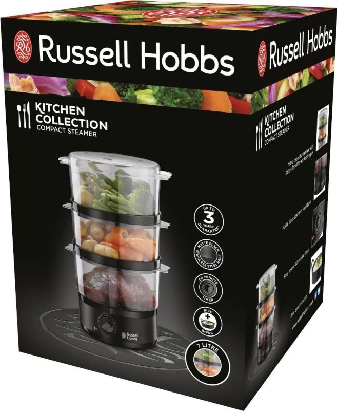 Пароварка Russell Hobbs Kitchen Collection 400Вт, чаша-2.3/3.3л, резервуар для води -0.5л, механічне керування, 3 яруси, пластик, чорний