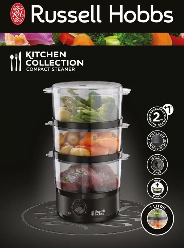 Пароварка Russell Hobbs Kitchen Collection 400Вт, чаша-2.3/3.3л, резервуар для води -0.5л, механічне керування, 3 яруси, пластик, чорний