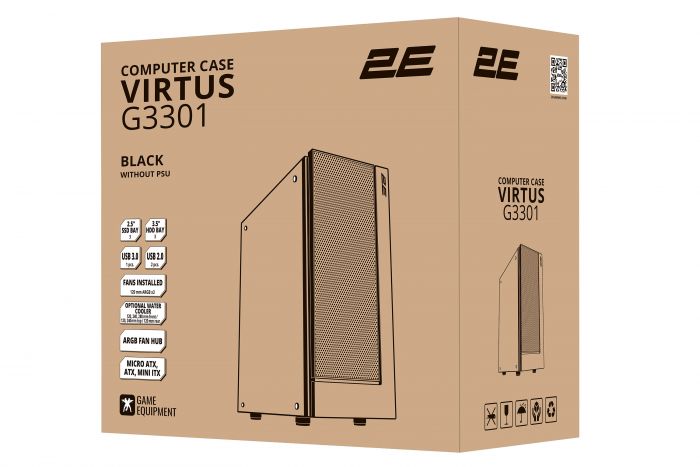 Корпус 2E GAMING Virtus G3301 без БЖ 1xUSB3.0, 2xUSB2.0, 3x120мм ARGB, VGA 325мм, LCS ready, HUB, TG Side Panel, ATX, чорний