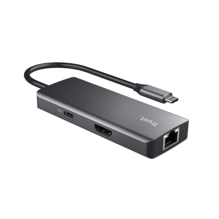 Хаб Trust Dalyx  6-in-1 USB-С > 2xUSB-А 3.2/2хUSB-С/HDMI/Ehernet, Алюміній, 0.2м, чорний