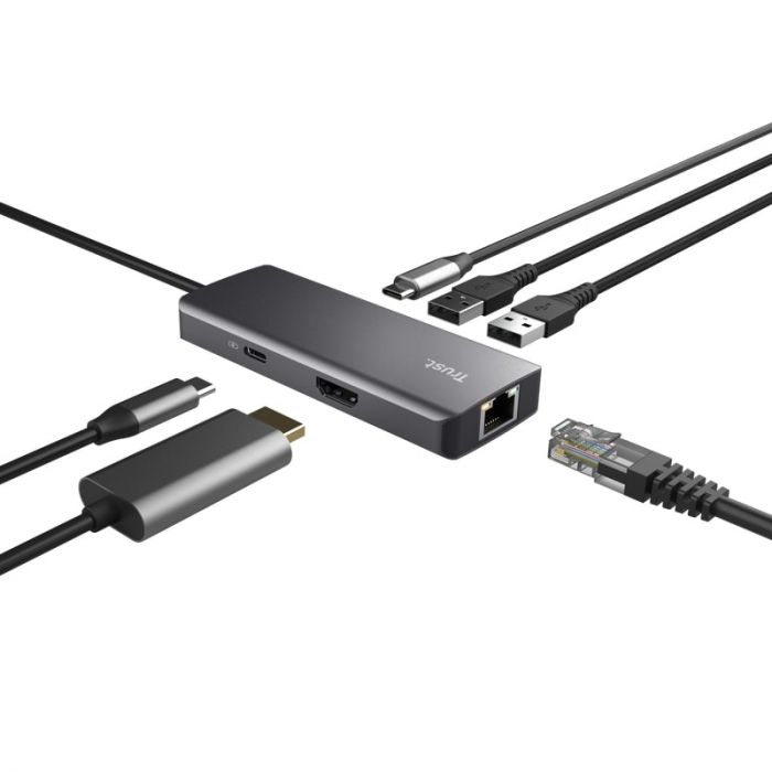 Хаб Trust Dalyx  6-in-1 USB-С > 2xUSB-А 3.2/2хUSB-С/HDMI/Ehernet, Алюміній, 0.2м, чорний