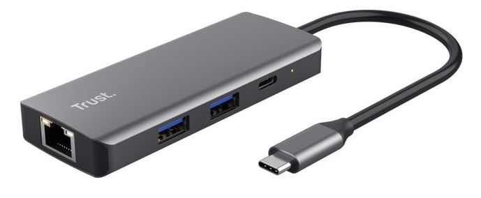 Хаб Trust Dalyx  6-in-1 USB-С > 2xUSB-А 3.2/2хUSB-С/HDMI/Ehernet, Алюміній, 0.2м, чорний