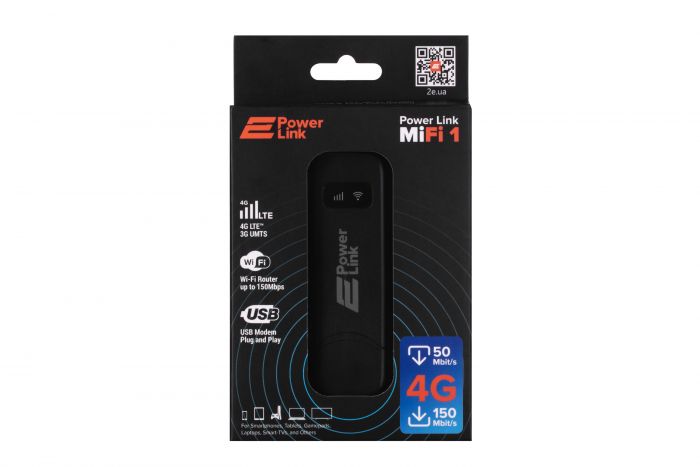 Мобільний маршрутизатор 2E PowerLink (MiFi 1) LTE, Wi-Fi4, 1xUSB, чорний