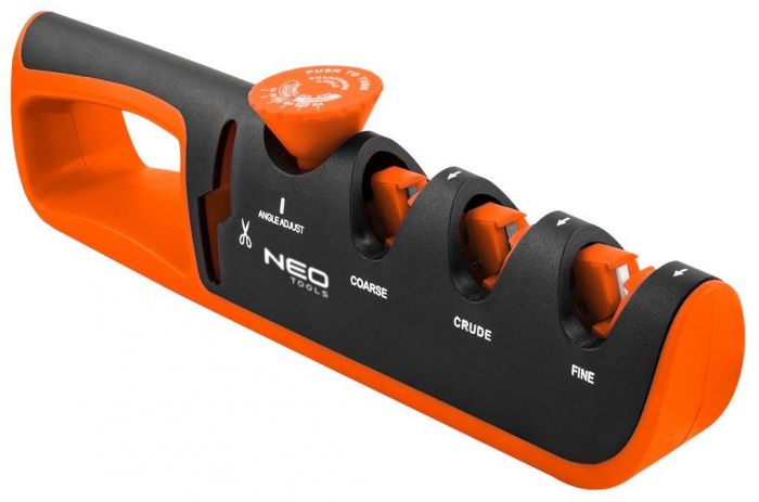 Точилка для ножів та ножиць Neo Tools, 77х290х47мм, 3 етапи заточування, алмаз, карбід вольфраму та кераміка, регулювання кута заточування, ABS-пластик та TPR гума