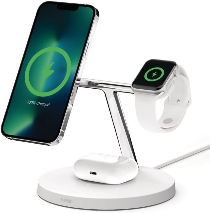 Зарядний пристрій бездротовий Belkin 3в1 MagSafe iPhone/Watch/AirPods Fast charger Pad, білий