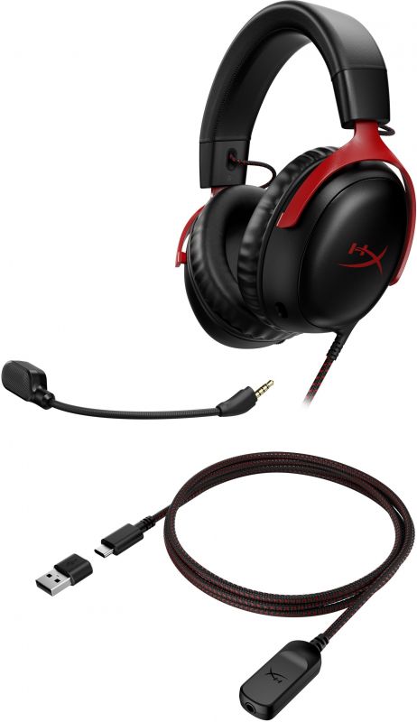 Гарнітура ігрова HyperX Cloud III, mini-jack/USB-A/USB-C, 1.2м/1.3м, чорно-червоний