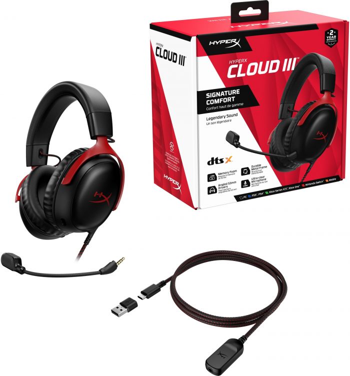 Гарнітура ігрова HyperX Cloud III, mini-jack/USB-A/USB-C, 1.2м/1.3м, чорно-червоний