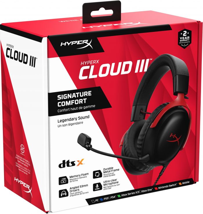 Гарнітура ігрова HyperX Cloud III, mini-jack/USB-A/USB-C, 1.2м/1.3м, чорно-червоний