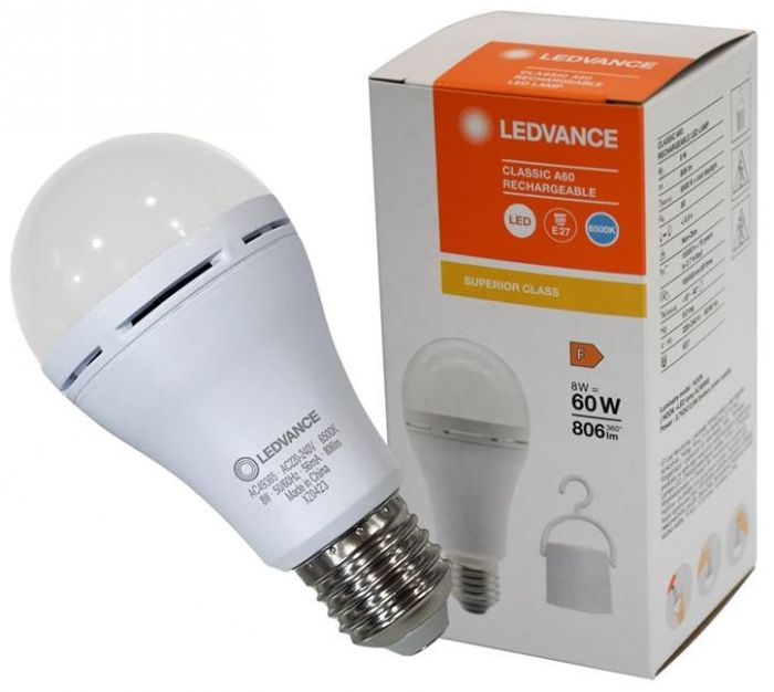 Лампа LEDVANCE LED E27 8Вт 806Лм 6500К A60 акумуляторна