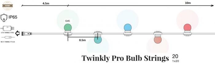 Smart LED Гірлянда Twinkly Pro Strings RGB 20, G45 лампи, IP65, AWG22 PVC, чорний