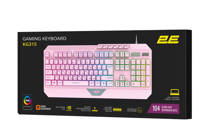 Клавіатура мембранна 2E GAMING KG315 110key, USB-A, EN/UA, RGB, рожевий