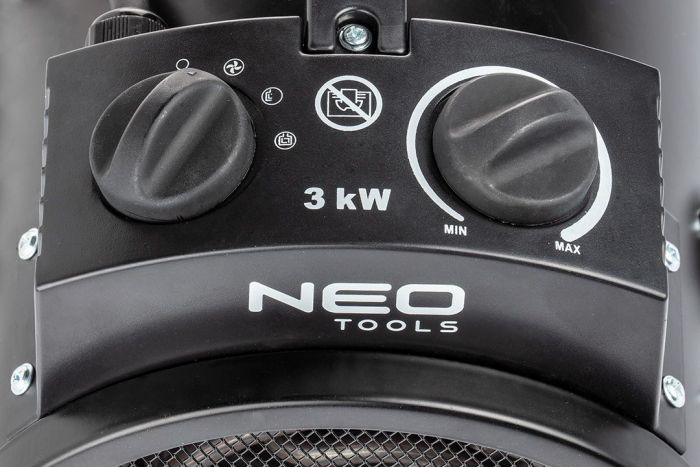 Теплова гармата електрична Neo Tools, 3кВт, 80м кв, 354м куб/год, нагрів. елемент - нерж. сталь, IPX4, чорний