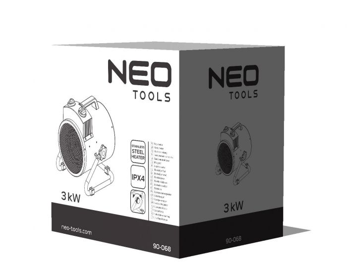 Теплова гармата електрична Neo Tools, 3кВт, 80м кв, 354м куб/год, нагрів. елемент - нерж. сталь, IPX4, чорний