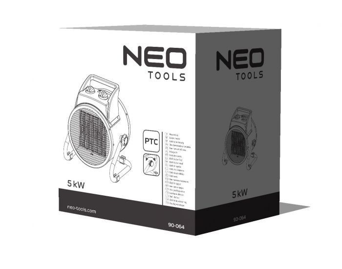 Теплова гармата електрична Neo Tools, 5кВт, 80м кв, 588м куб/год, 380В, керамічний нагрів. елемент (PTC), чорний