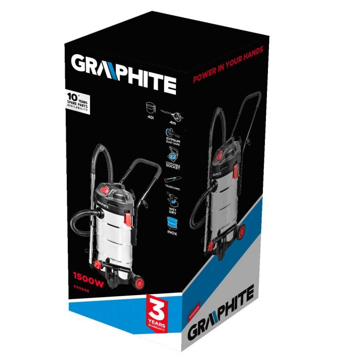 Пилосос професійний GRAPHITE, 1500Вт, 18кПа, контейнер 40л, розетка 220В/2000В, функція повітродувки, колеса, IPX4