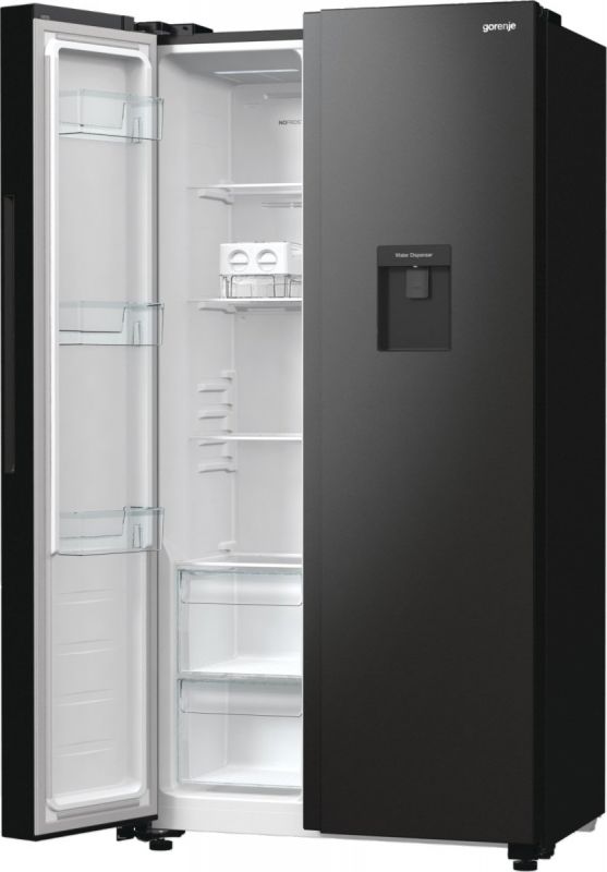 Холодильник SBS Gorenje, 179х67х92см, 2 двері, 353(191)л, А++, NF+, Інв., Зона св-ті, диспенсер, генератор льоду, Зовн. Диспл, чорний