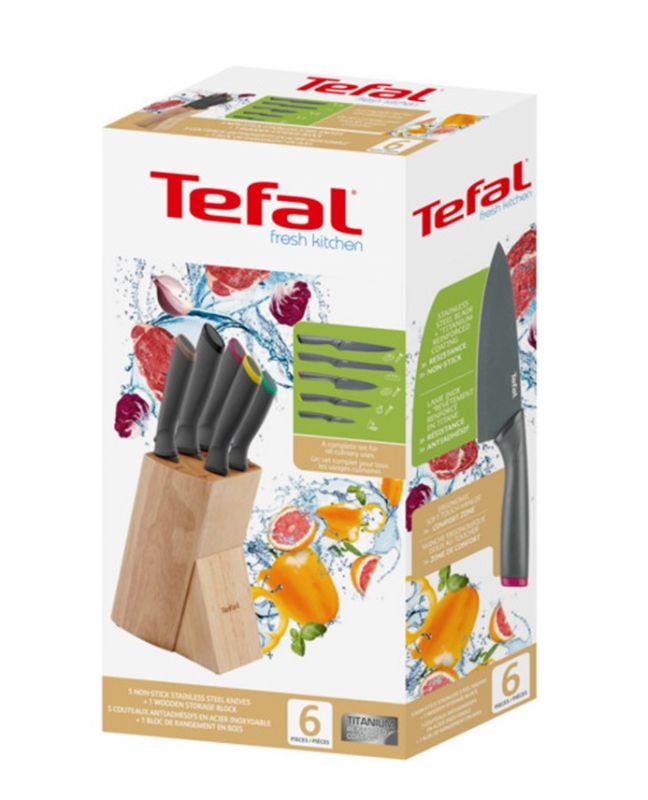 Набір ножів Tefal Fresh Kitchen, дерев'яна колода, 5шт, нержавіюча сталь, пластик, дерево, чорний