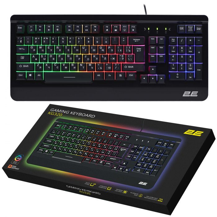 Клавіатура мембранна 2E GAMING KG320 104key, USB-A, EN/UA/RU, LED, чорний