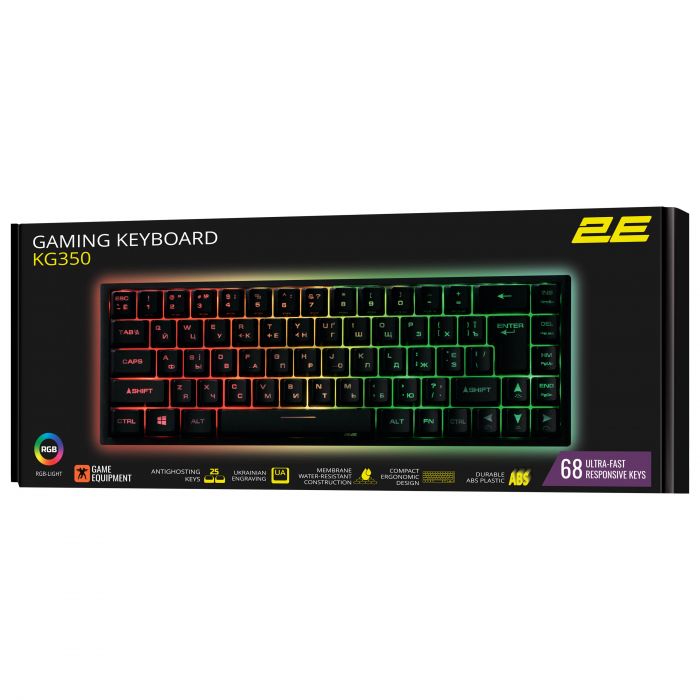 Клавіатура мембранна 2E GAMING KG350 68key, USB-A, EN/UA/RU, RGB, чорний