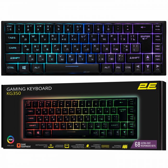 Клавіатура мембранна 2E GAMING KG350 68key, USB-A, EN/UA/RU, RGB, чорний