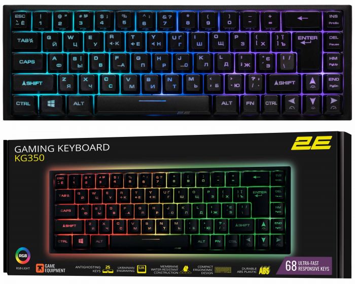 Клавіатура мембранна 2E GAMING KG350 68key, USB-A, EN/UA/RU, RGB, чорний