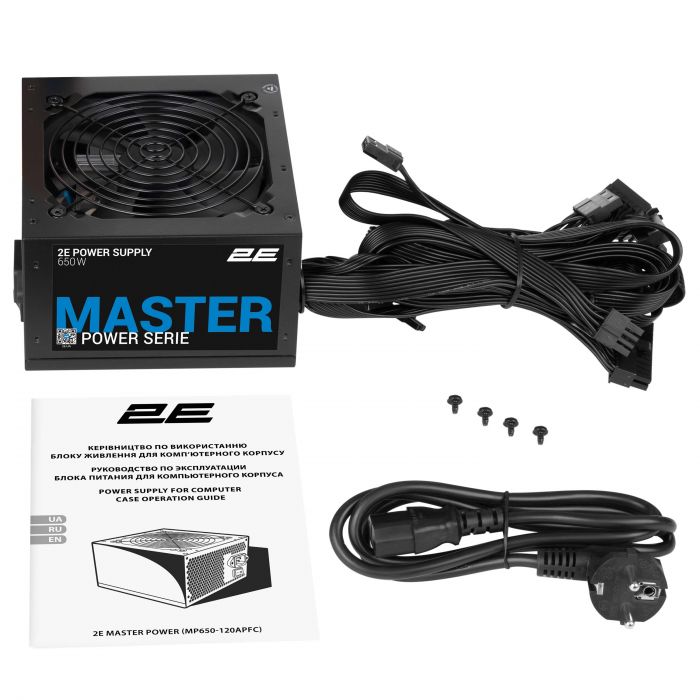 Блок живлення 2E Master Power  (650W), >80%, 80+ White, 120мм, 1xMB 24pin(20+4), 1xCPU 8pin(4+4), 3xMolex, 5xSATA, 2xPCIe 8pin(6+2)