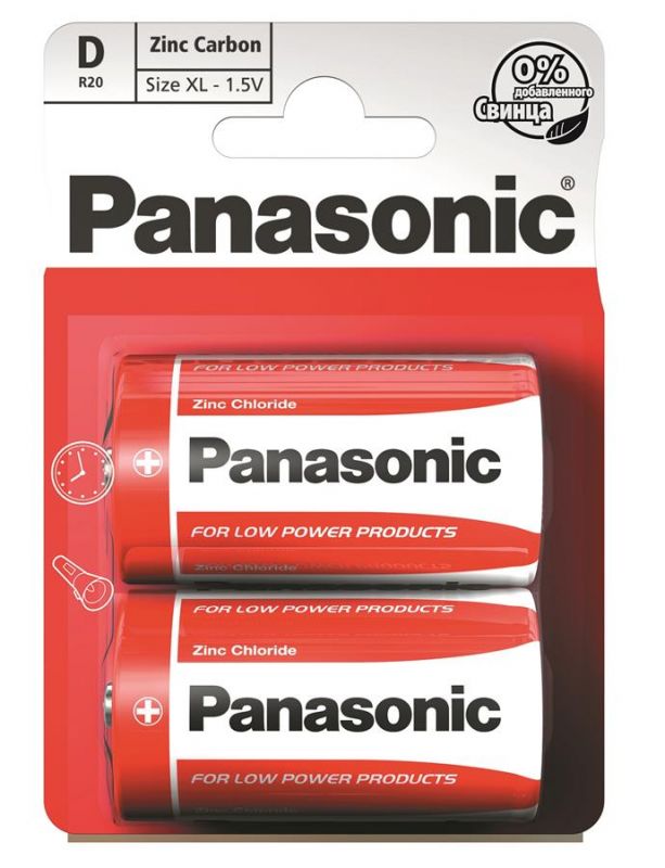 Батарейка Panasonic RED ZINC вугільно-цинкова D(R20) блістер, 2 шт.