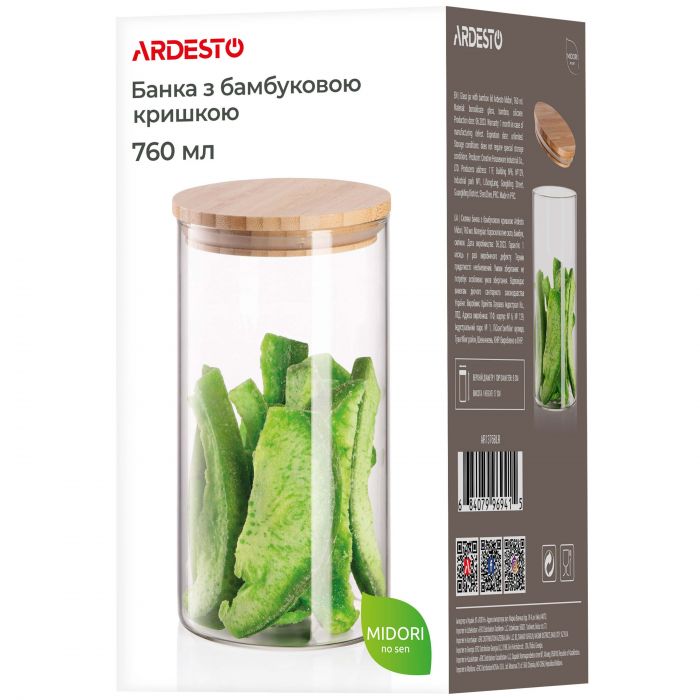 Банка для зберігання Ardesto Midori, 760мл, скло, бамбук, кругла, прозорий