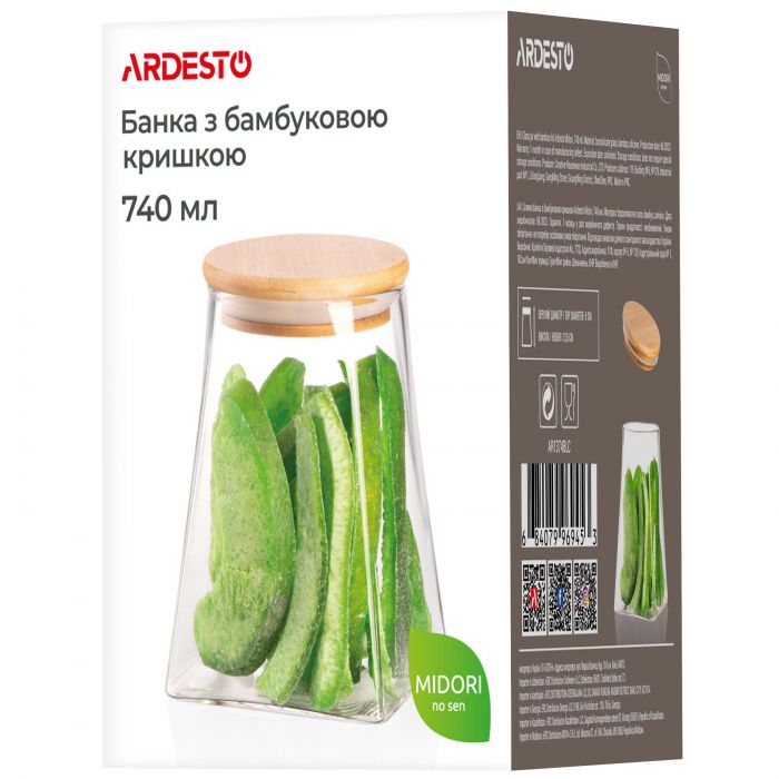 Банка для зберігання Ardesto Midori, 740мл, скло, бамбук, конусна, прозорий