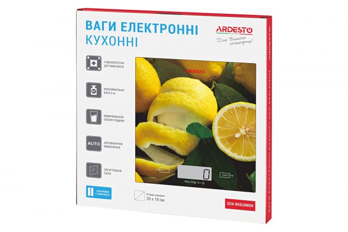 Ваги Ardesto кухонні Lemon, 5кг, AAAx2 в комплекті, скло, багатокольоровий