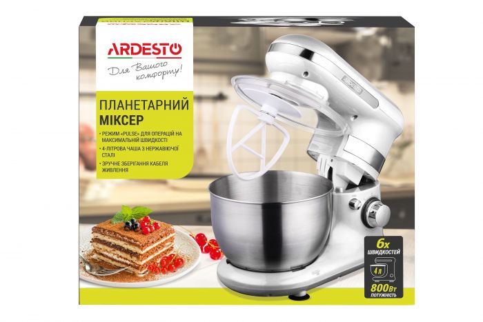 Міксер Ardesto планетарний 800Вт, насадки-3, чаша-нерж., метал, 4л, Pulse-режим, білий