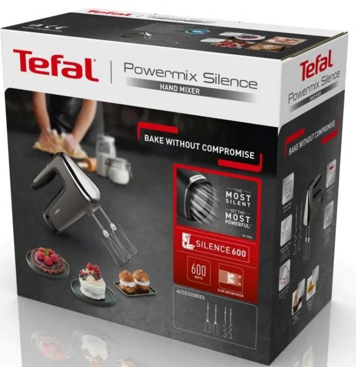 Міксер Tefal ручний Powermix Silence 600Вт, насадки-4, турборежим, сіро-чорний