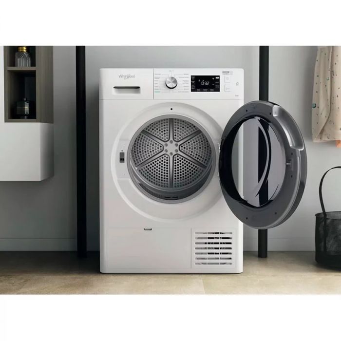 Сушильна машина Whirlpool тепловий насос, 9кг, A++, 65см, дисплей, люк чорний, білий