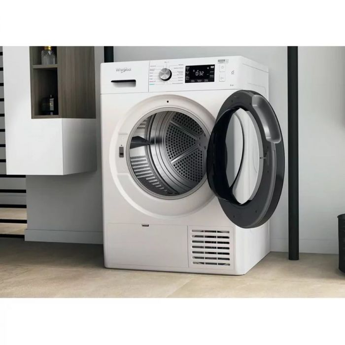 Сушильна машина Whirlpool тепловий насос, 9кг, A++, 65см, дисплей, люк чорний, білий