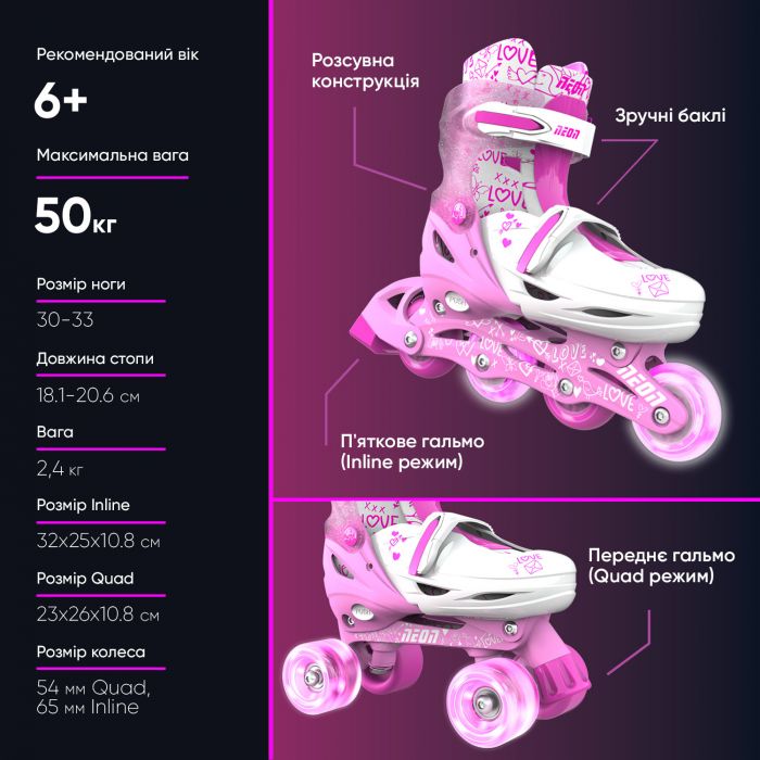 Роликові ковзани Neon Combo, розмір 30-33, рожевий