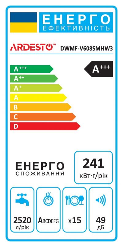 Посудомийна машина ARDESTO, 15компл., А++, 60см, дисплей, 3й кошик, гігієн.обробка, авт.відкр.дверей, білий