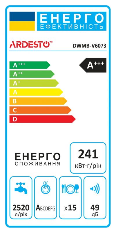 Посудомийна машина ARDESTO вбудовувана, 15компл., А++, 60см, дисплей, 3й кошик, авт.відкр.дверей, чорний