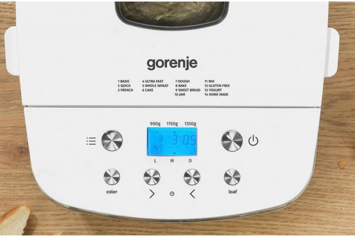 Хлібопічка Gorenje 750Вт, програм-14, макс.вага -1.350кг, форма прямокутник, пластик, білий