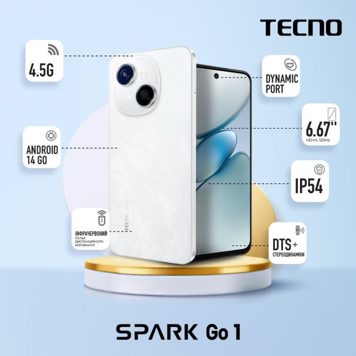 Смартфон TECNO Spark Go 1 (KL4) 6.67" 4/64ГБ, 2SIM, 5000мА•год, Glittery White