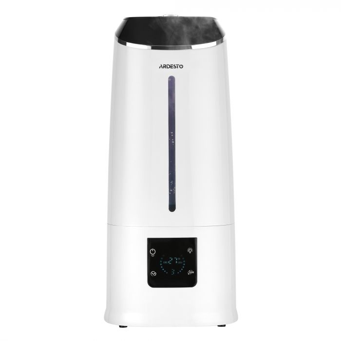 Зволожувач повітря ARDESTO USH-H-65W ультразвуковий, 40м2, 6.5л, 390мл/г, електр. кер-ння, пульт ДК, верх. залив води, дисплей, білий