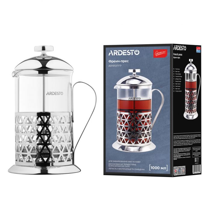 Френч-прес ARDESTO Gemini Fasano, 1000мл, боросилікатне скло, нержавіюча сталь, прозорий