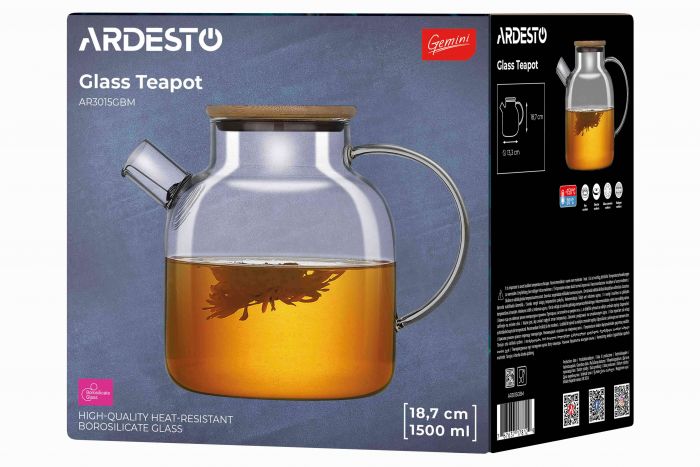 Заварник Ardesto Gemini 1500мл, боросилікатне скло, бамбук, прозорий
