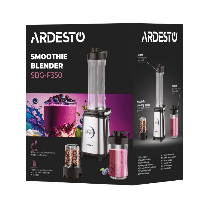 Блендер для смузі ARDESTO SBG-F350, 350Вт,2в1, пляшка -600мл, пляшка -300 мл, кавомолка , чорно-сріблястий