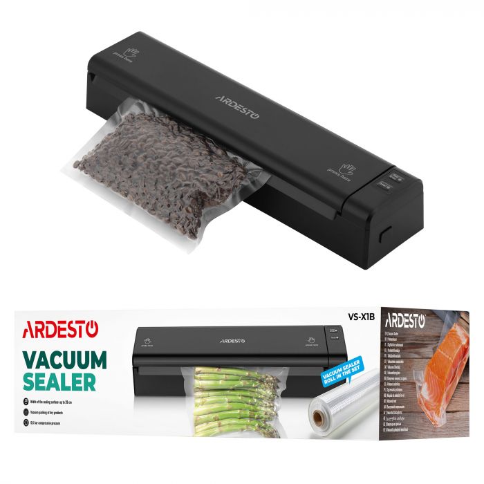 Вакууматор ARDESTO для пакетів та рулонів, 110Вт, 28см, електронне, + 1 рулон, пластик, чорний